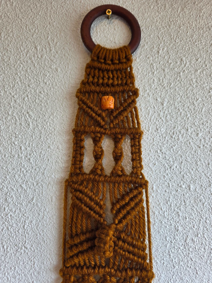 Vintage handgeknoopte macramé wandhanger bruin - Afbeelding 3